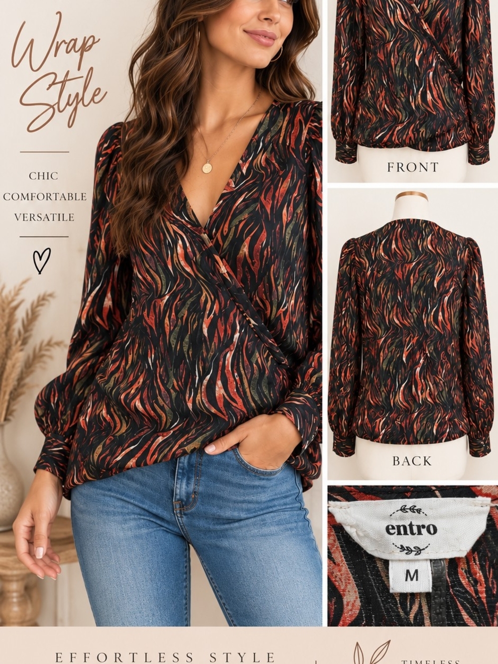 entro Black Wrap Blouse with Rust & Olive Wave Print